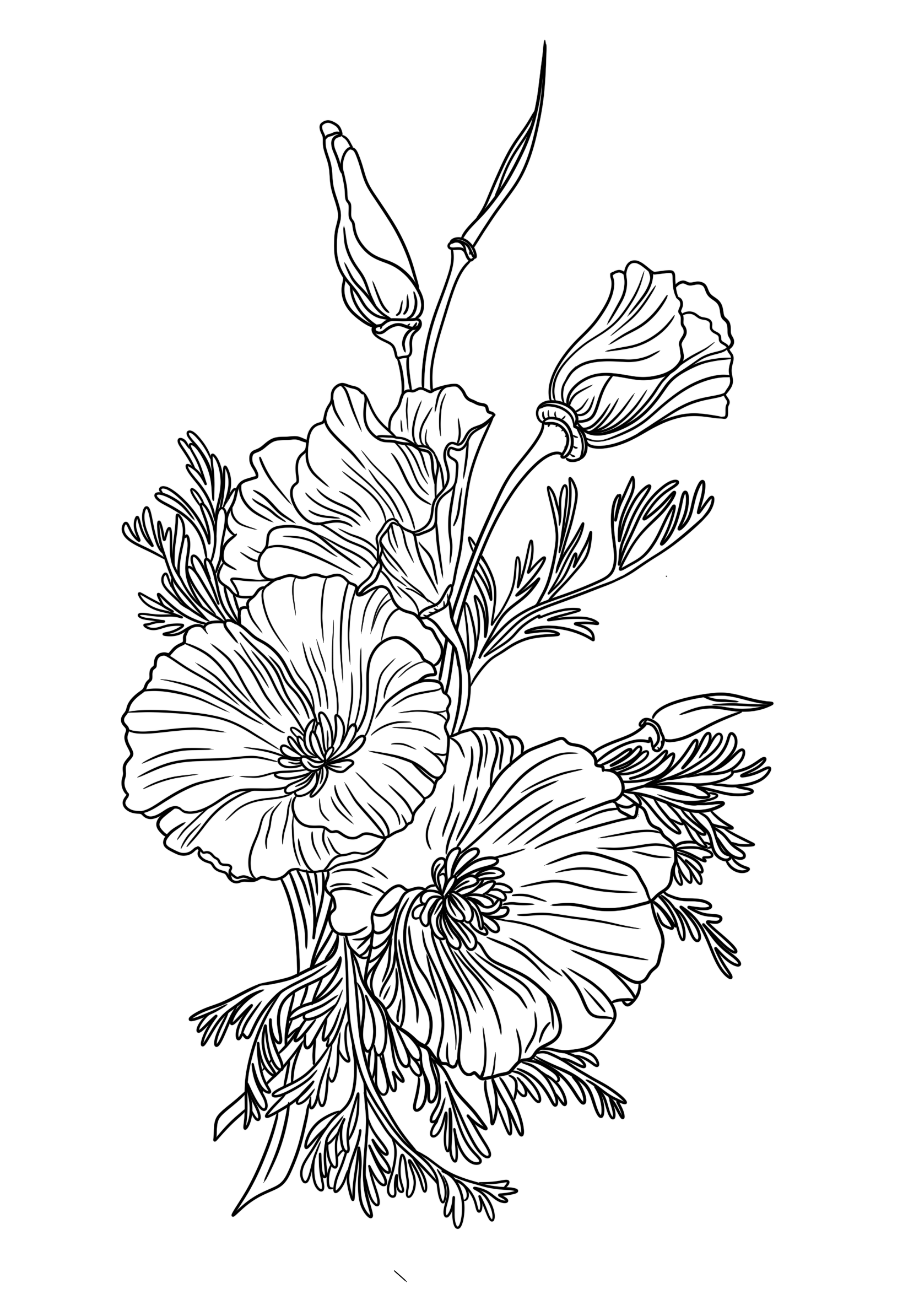 Black and white line drawing of a floral arrangement on a white background