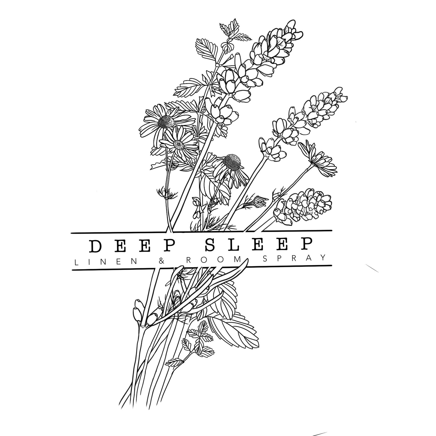 A black and white image of botanical illustrations, including various herbs and flowers, with the text 'DEEP SLEEP LINEN & ROOM SPRAY' across the middle.