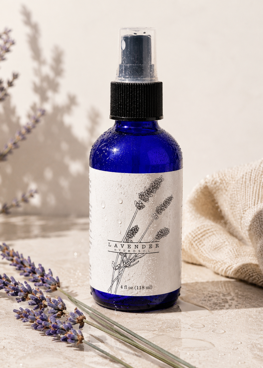 Blue spray bottle with lavender label on a light surface with lavender flowers.