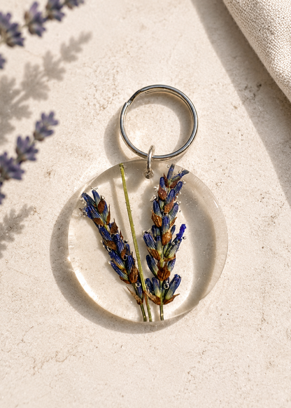 Keychain with lavender design on a light surface