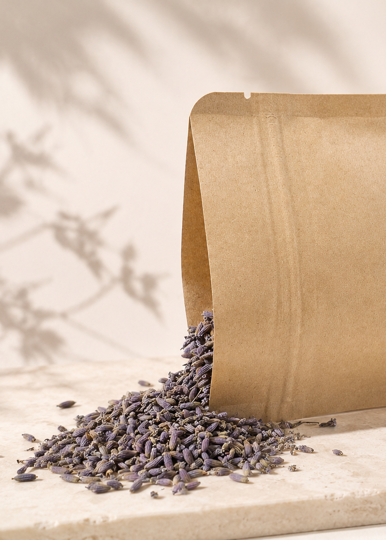 Kraft paper bag with lavender spilling out on a light background