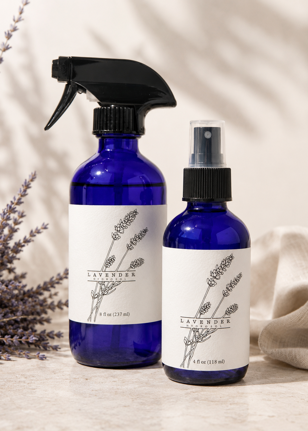 Two blue spray bottles with lavender labels on a neutral background