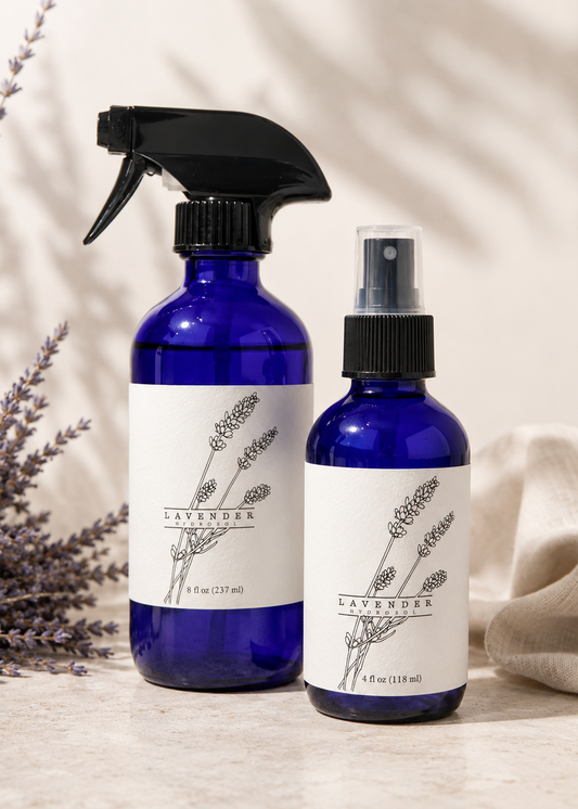 Two blue spray bottles with lavender labels on a neutral background