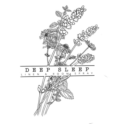 A black and white image of botanical illustrations, including various herbs and flowers, with the text 'DEEP SLEEP LINEN & ROOM SPRAY' across the middle.