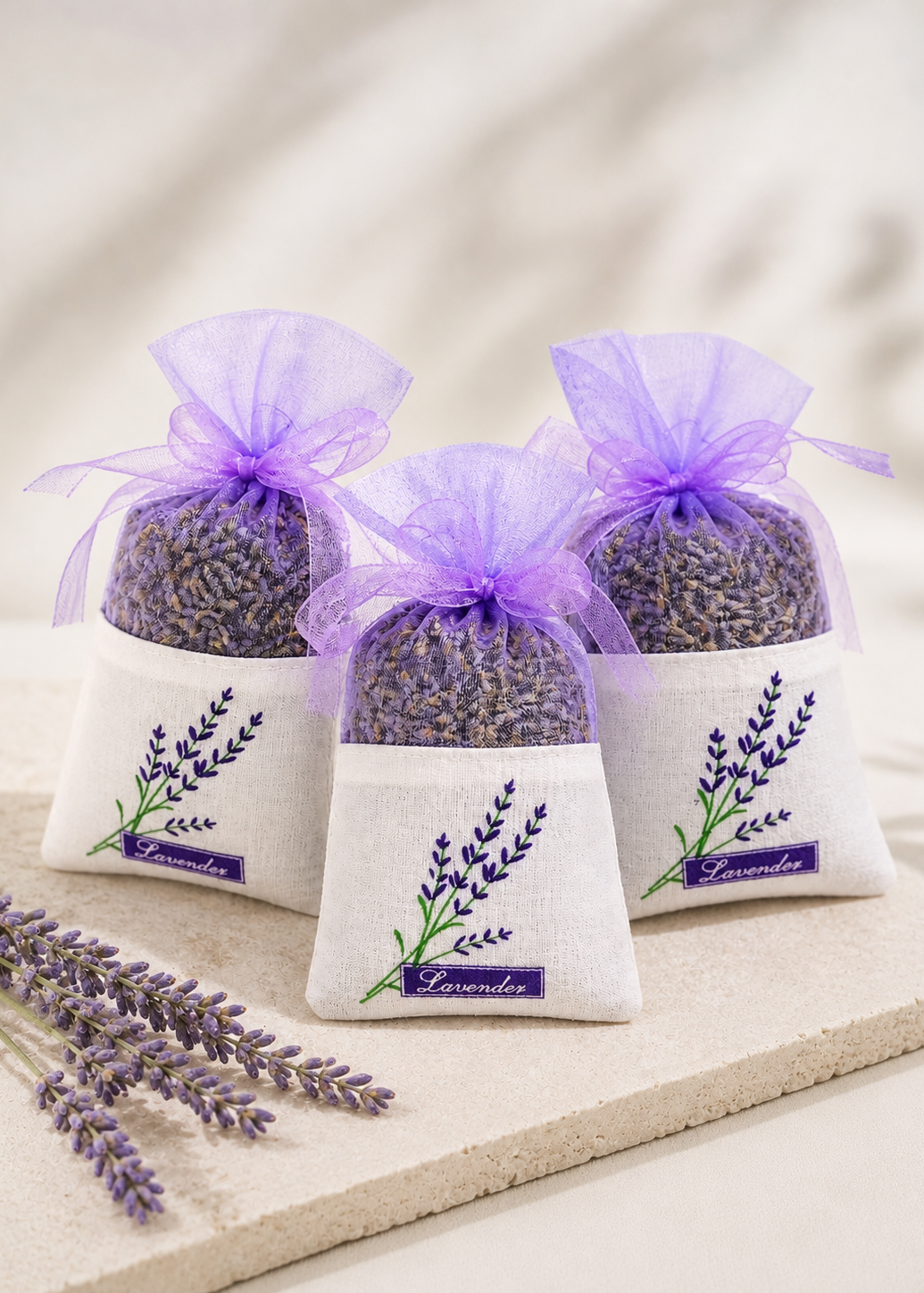 Three lavender bags with purple ribbons on a light background